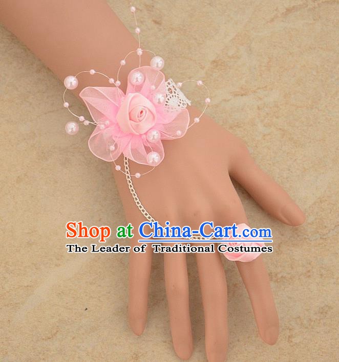 European Western Bride Vintage Jewelry Accessories Renaissance Pink Flower Bracelet with Ring for Women