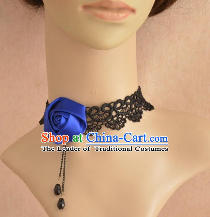 European Western Vintage Jewelry Accessories Renaissance Bride Blue Satin Rose Necklace for Women