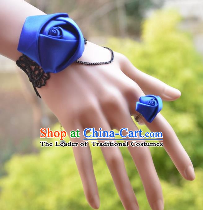 European Western Bride Vintage Jewelry Accessories Renaissance Blue Satin Bracelet and Ring for Women