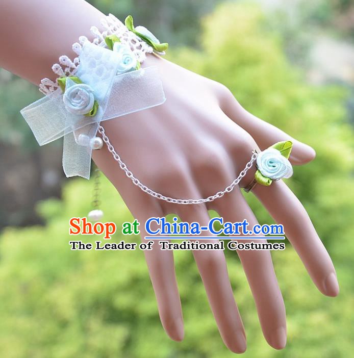 European Western Bride Vintage Jewelry Accessories Renaissance Blue Bowknot Bracelet with Ring for Women