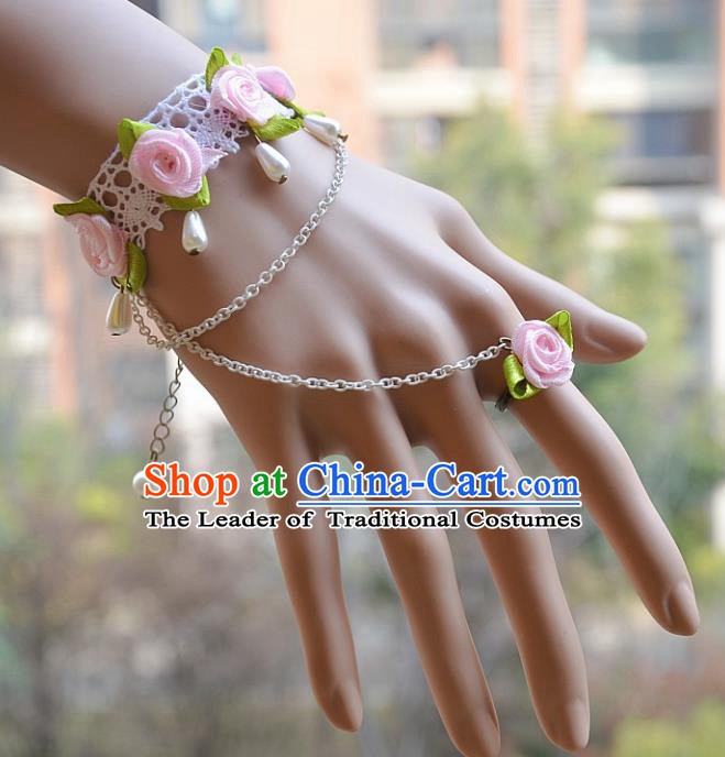 European Western Bride Vintage Jewelry Accessories Renaissance Pink Flowers Pearl Bracelet with Ring for Women