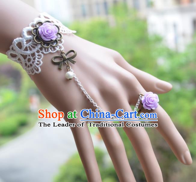 European Western Bride Vintage Jewelry Accessories Renaissance Purple Rose Bracelet with Ring for Women