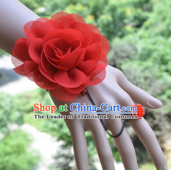 European Western Bride Vintage Red Wrist Flowers Accessories Renaissance Bracelet with Ring for Women