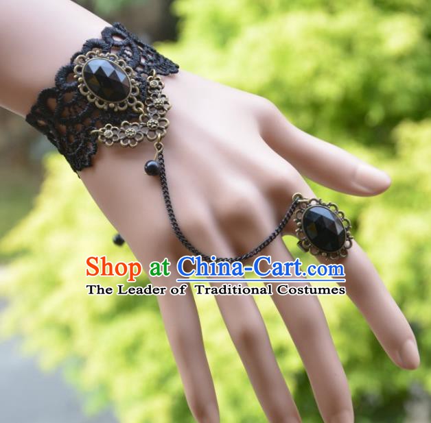 European Western Bride Vintage Accessories Renaissance Black Crystal Lace Bracelet with Ring for Women