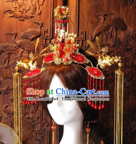 Chinese Handmade Classical Hairpins Ancient Hanfu Xiuhe Red Tassel Phoenix Coronet Hair Accessories for Women