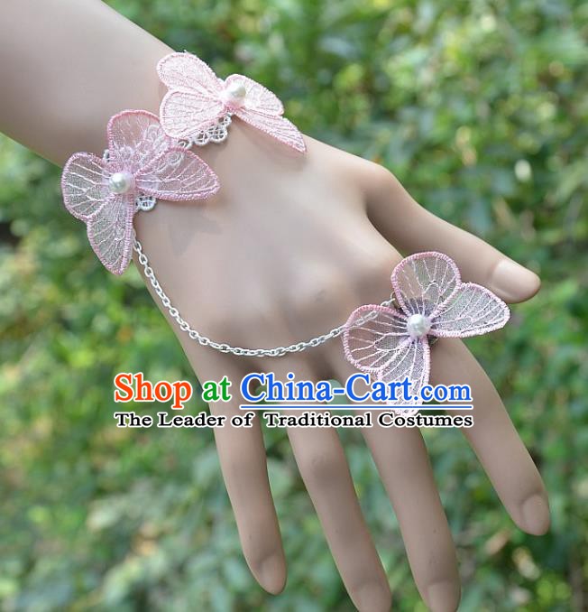 European Western Bride Wrist Accessories Vintage Renaissance Pink Butterfly Bracelet with Ring for Women