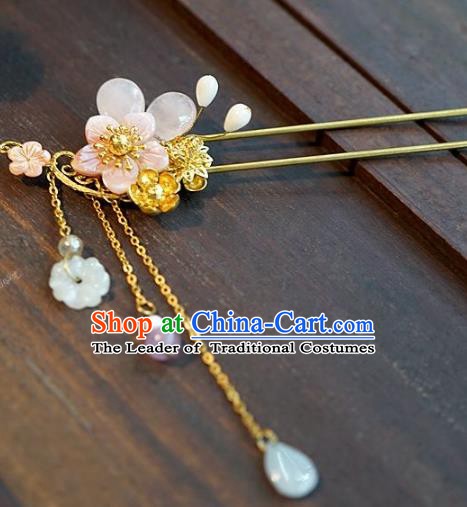 Chinese Handmade Classical Hair Accessories Ancient Hanfu Pink Flower Tassel Hairpins for Women