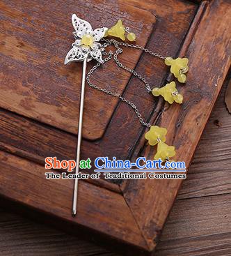 Handmade Chinese Ancient Princess Hair Accessories Butterfly Yellow Tassel Hairpins for Women