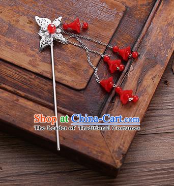 Handmade Chinese Ancient Princess Hair Accessories Butterfly Red Tassel Hairpins for Women