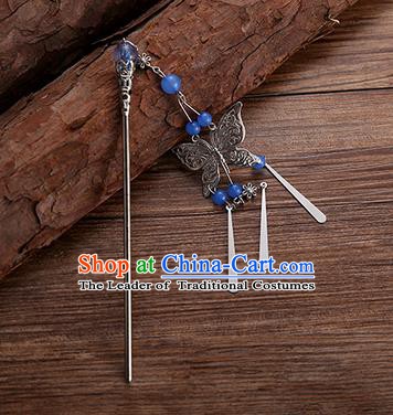 Handmade Chinese Ancient Princess Hair Accessories Deep Blue Beads Butterfly Hairpins for Women