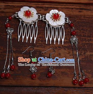 Handmade Chinese Ancient Hair Accessories Red Beads Tassel Hair Comb Hairpins for Women