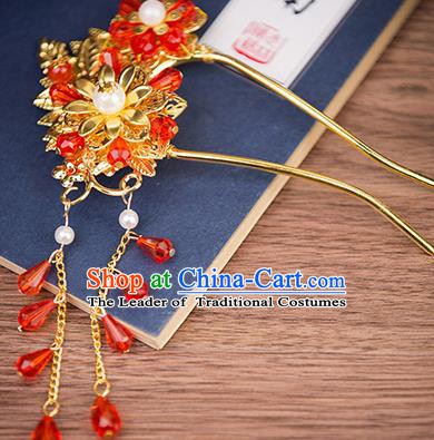 Handmade Chinese Ancient Palace Lady Hair Accessories Hanfu Red Beads Tassel Hairpins for Women