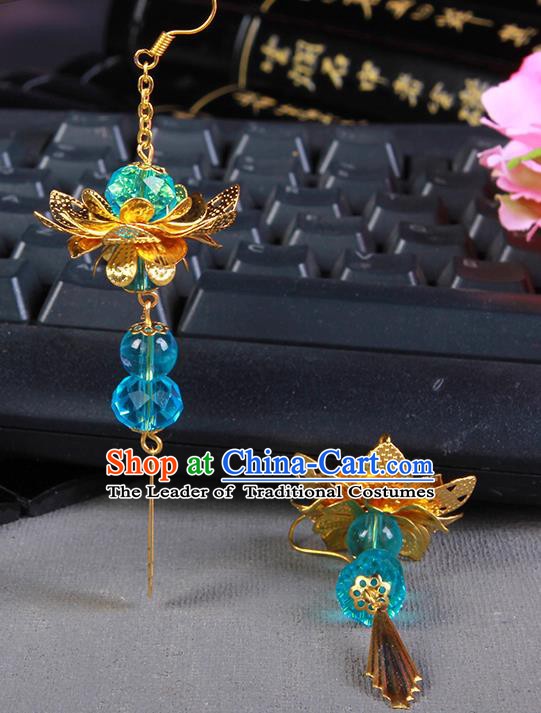 Handmade Chinese Ancient Palace Lady Accessories Hanfu Blue Beads Lotus Earrings for Women