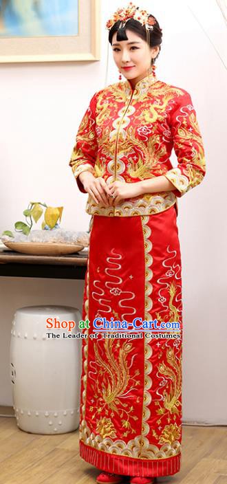 Traditional Ancient Chinese Costume Xiuhe Suits Wedding Embroidered Dragon and Phoenix Toast Cheongsam for Women