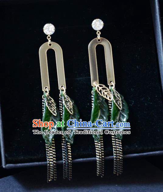 European Western Bride Vintage Green Leaf Tassel Earbob Accessories Renaissance Earrings for Women