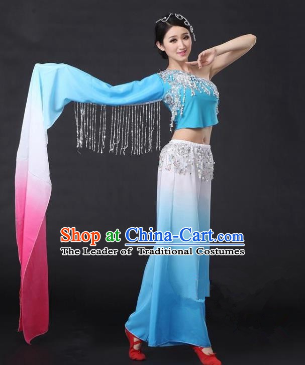 Traditional Chinese Yangge Folk Dance Water Sleeve Costume, China Yanko Dance Blue Clothing for Women