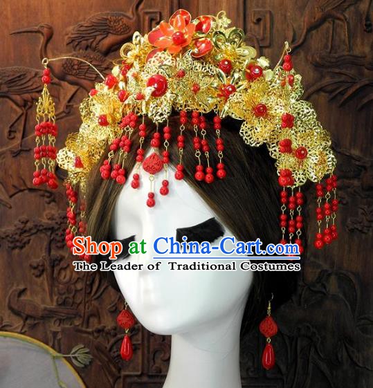 Chinese Handmade Classical Wedding Hair Accessories Ancient Red Beads Phoenix Coronet Headdress for Women