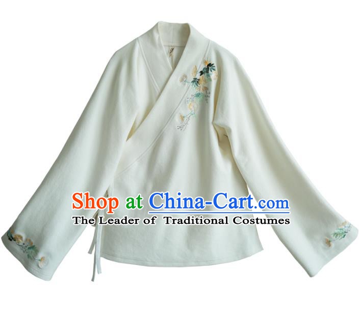 Traditional Chinese National Costume Embroidered Hanfu White Blouse Tangsuit Shirts for Women