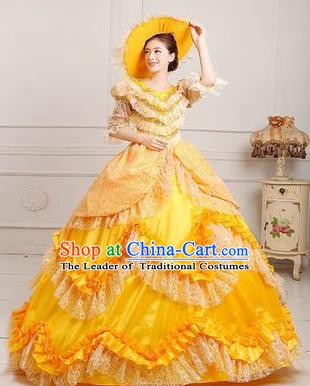 Traditional European Court Princess Renaissance Costume Dance Ball Yellow Layered Full Dress for Women