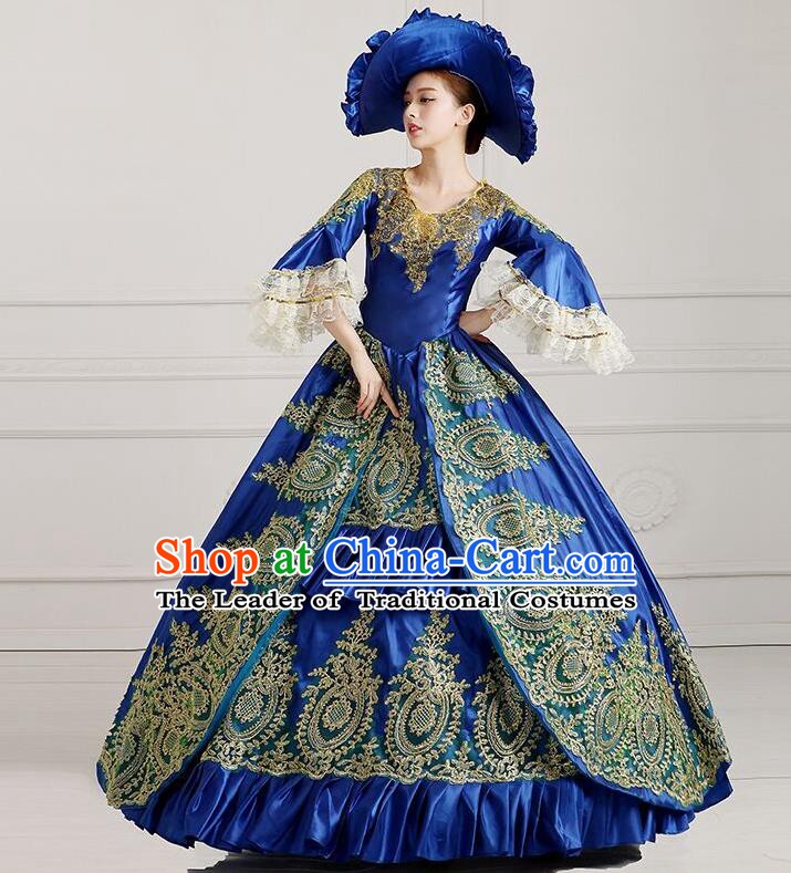 Traditional European Court Princess Renaissance Costume Stage Performance Dance Ball Dowager Royalblue Full Dress for Women