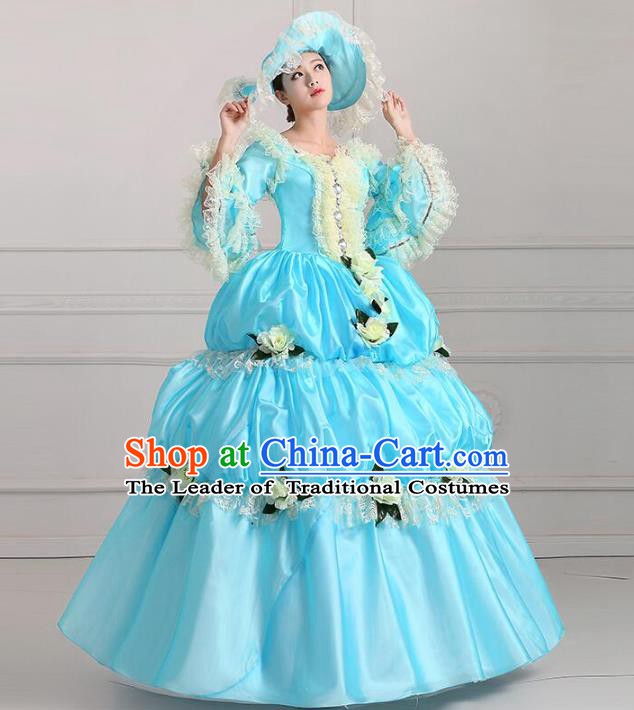 Traditional European Court Noblewoman Renaissance Costume Dance Ball Princess Blue Full Dress for Women