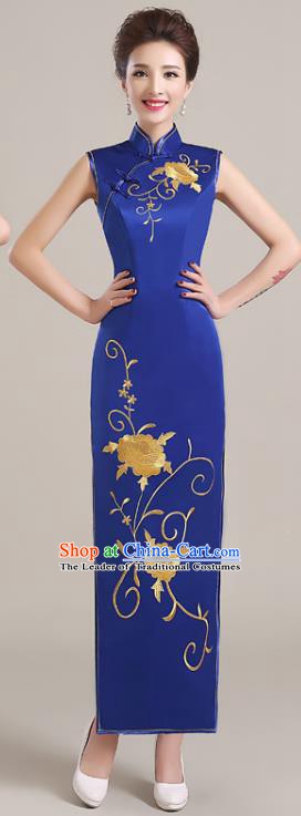 Traditional Chinese National Costume Printing Peony Royalblue Cheongsam Dress for Women