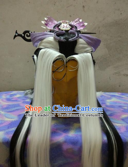 Traditional China Ancient Cosplay Swordswoman Wig and Hair Accessories Headwear for Women