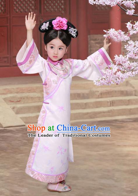 Traditional Chinese Qing Dynasty Manchu Palace Princess Costume and Headpiece for Kids