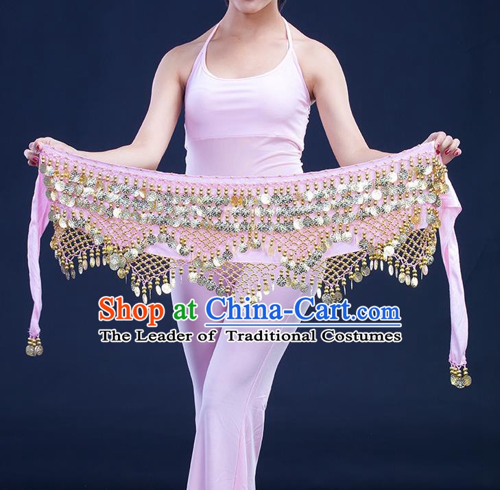 Asian Indian Belly Dance Golden Paillette Pink Waistband Accessories India Raks Sharki Belts for Women