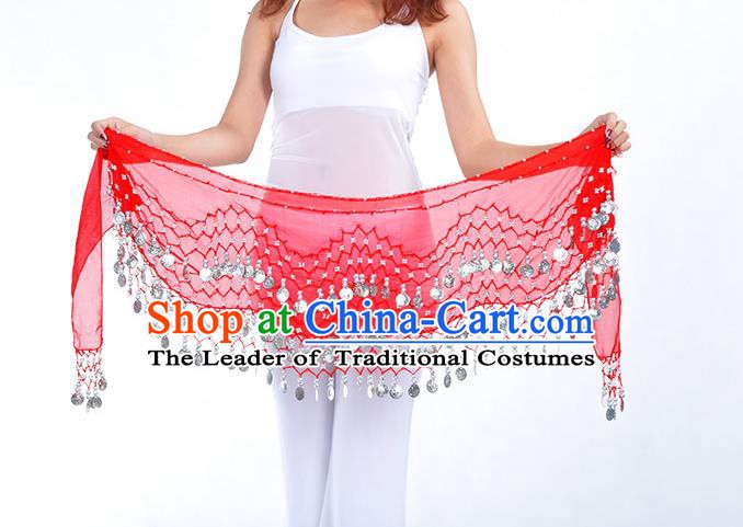 Asian Indian Belly Dance Argent Paillette Red Silk Waistband Accessories India Raks Sharki Belts for Women