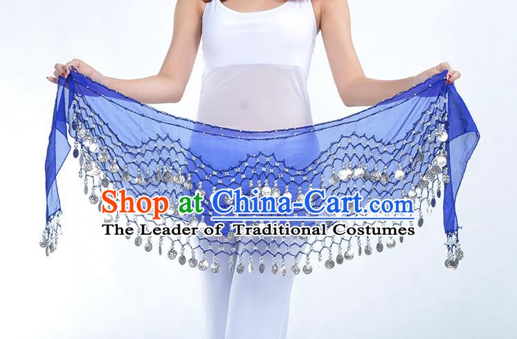 Asian Indian Belly Dance Argent Paillette Royalblue Silk Waistband Accessories India Raks Sharki Belts for Women