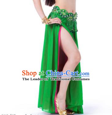 Asian Indian Belly Dance Costume Stage Performance Green and Rosy Skirt, India Raks Sharki Slit Dress for Women