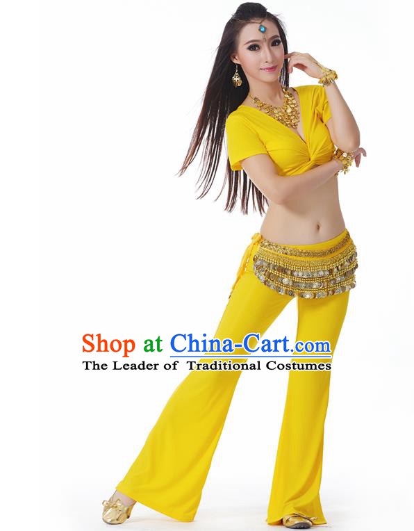 Asian Indian Belly Dance Costume Stage Performance Yoga Yellow Outfits, India Raks Sharki Dress for Women