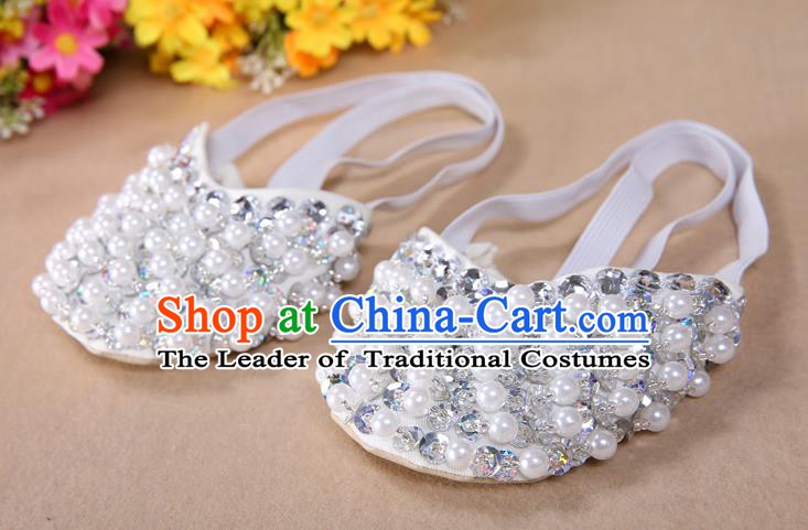 Asian Indian Belly Dance Shoes India Traditional Dance White Beads Soft Shoes for for Women