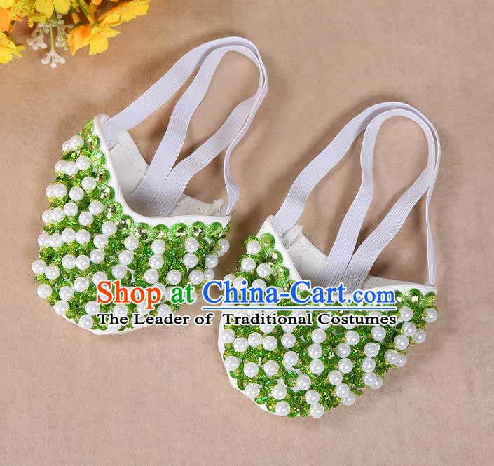 Asian Indian Belly Dance Shoes India Traditional Dance Light Green Beads Soft Shoes for for Women