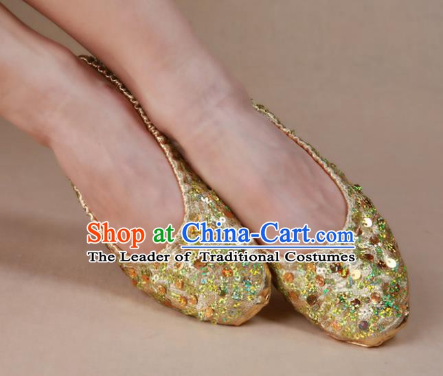 Asian Indian Belly Dance Shoes India Traditional Dance Golden Paillette Soft Shoes for for Women