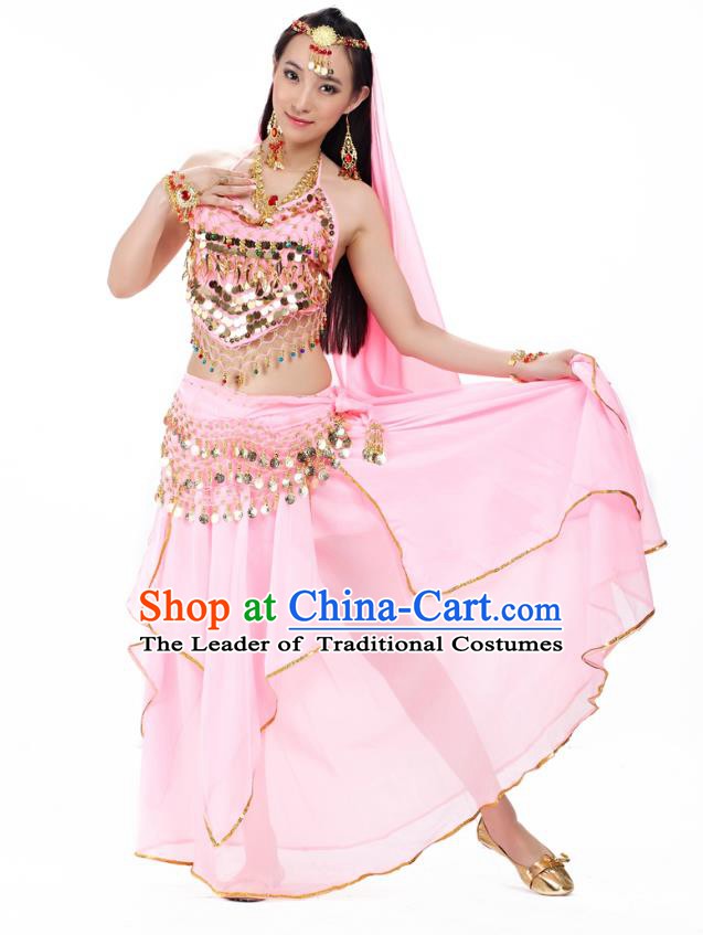 Asian Indian Belly Dance Pink Costume Stage Performance Outfits, India Raks Sharki Dress for Women