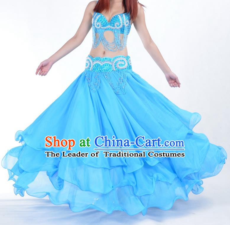 Asian Indian Belly Dance Costume Stage Performance Blue Expansion Skirt, India Raks Sharki Dress for Women