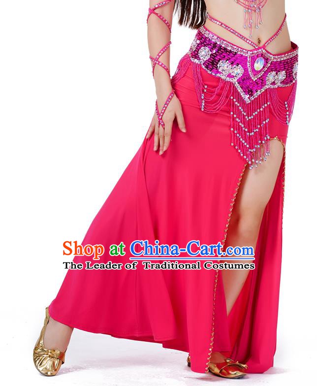 Top Indian Belly Dance Costume Rosy Split Skirt, India Raks Sharki Clothing for Women