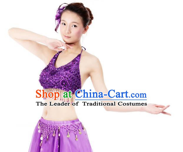 Top Indian Bollywood Belly Dance Costume Oriental Dance Purple Paillette Brassiere for Women