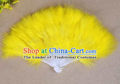 China Folk Dance Folding Fans Yanko Dance Yellow Feather Fans for Women