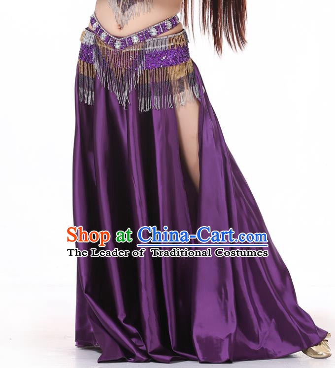 Indian Belly Dance Costume Bollywood Oriental Dance Purple Satin Skirt for Women