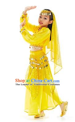 Indian Traditional Belly Dance Yellow Dress Asian India Oriental Dance Costume for Kids