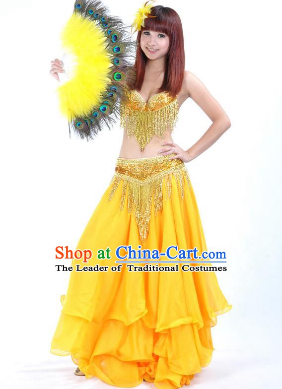 Indian Sexy Belly Dance Yellow Dress Clothing Asian India Oriental Dance Costume for Women