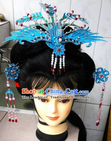 Traditional Handmade Chinese Beijing Opera Hair Accessories Princess Blue Phoenix Coronet Hairpins for Women