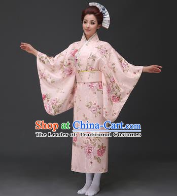 Asian Japanese Traditional Costumes Japan Printing Pink Furisode Kimono Yukata Dress Clothing for Women