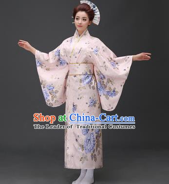 Asian Japanese Traditional Costumes Japan Printing Blue Peony Furisode Kimono Yukata Dress Clothing for Women