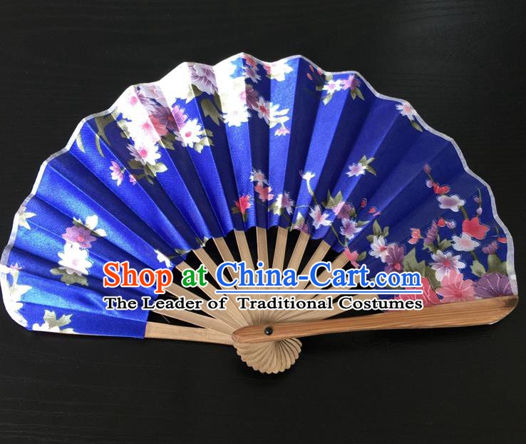 Asian Traditional Folding Fans Kimono Printing Blue Satin Fans for Women