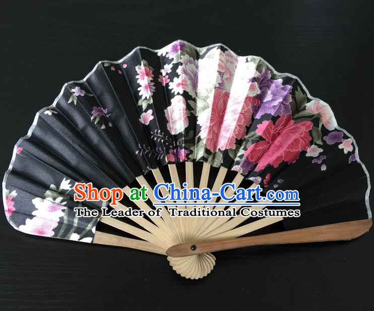 Asian Traditional Folding Fans Kimono Printing Black Satin Fans Dance Fan for Women