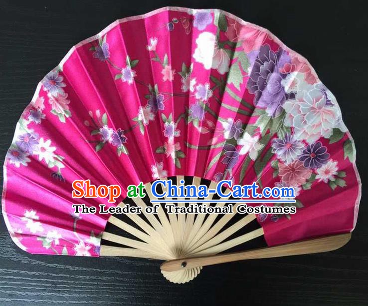 Asian Traditional Folding Fans Kimono Printing Flowers Rosy Satin Fans Dance Fan for Women